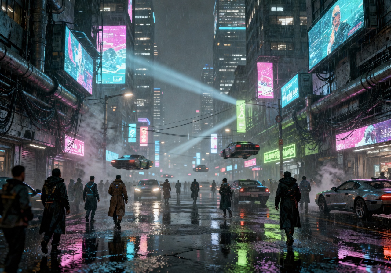 Cyberpunk city street in the rain
