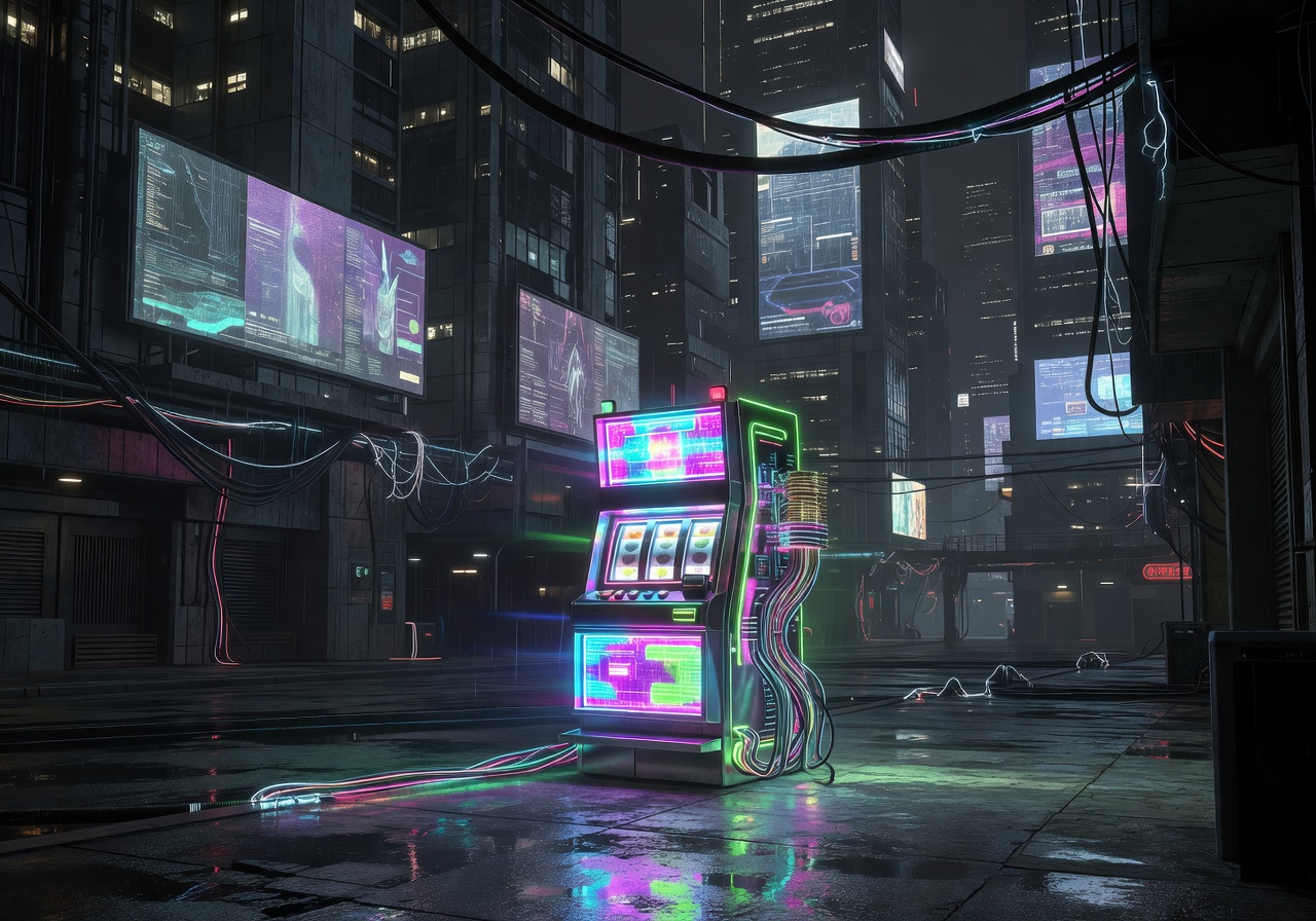 Glowing neon slot machine in a futuristic cyber city